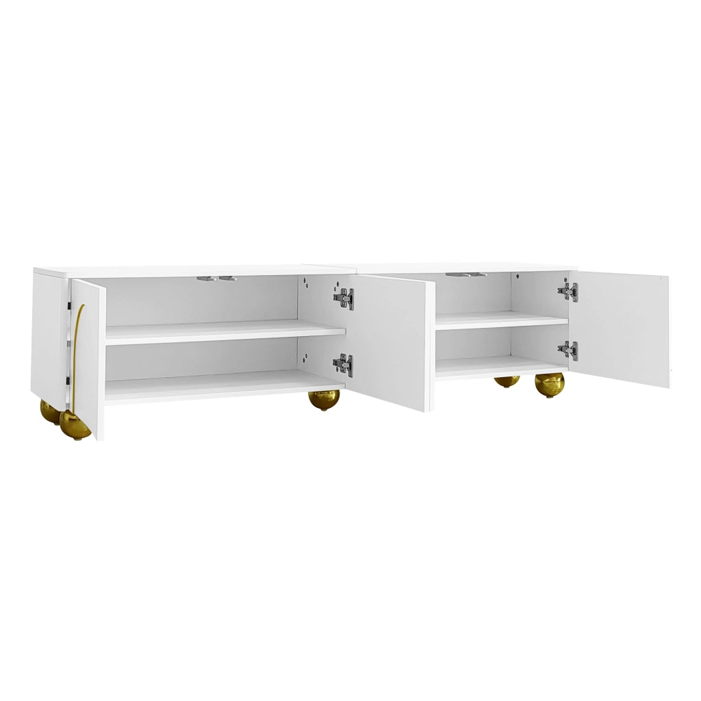 Mobile TV con 4 Ante Push-to-Open e Ripiani; Cerniere Ammortizzate; Maniglie e Piedini Dorati; Bianco; 170??38??44 cm