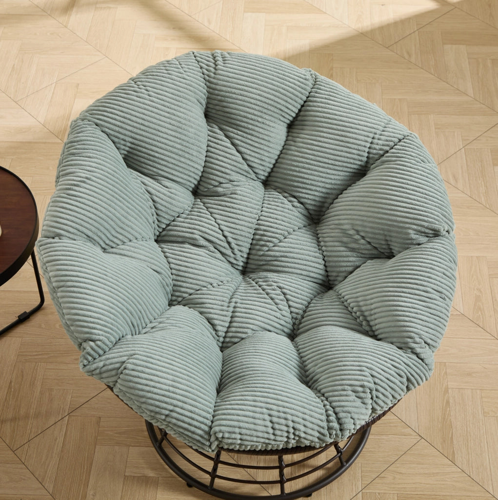 Poltrona Papasan girevole 360° con cuscino in velluto a coste; acciaio e rattan PE; verde chiaro