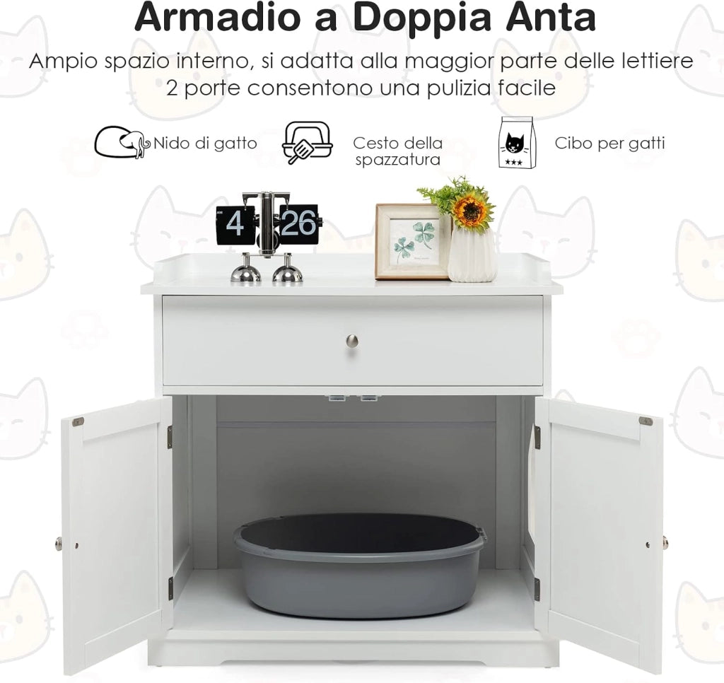 Mobile per Lettiera Gatti in Legno, con Portaoggetti, 2 Ante, Cassetto e Ingresso Laterale, Mobiletto Multiuso per Ingresso e Soggiorno, 76 x 53 x 74 cm, Carico Massimo 30 kg (Bianco)
