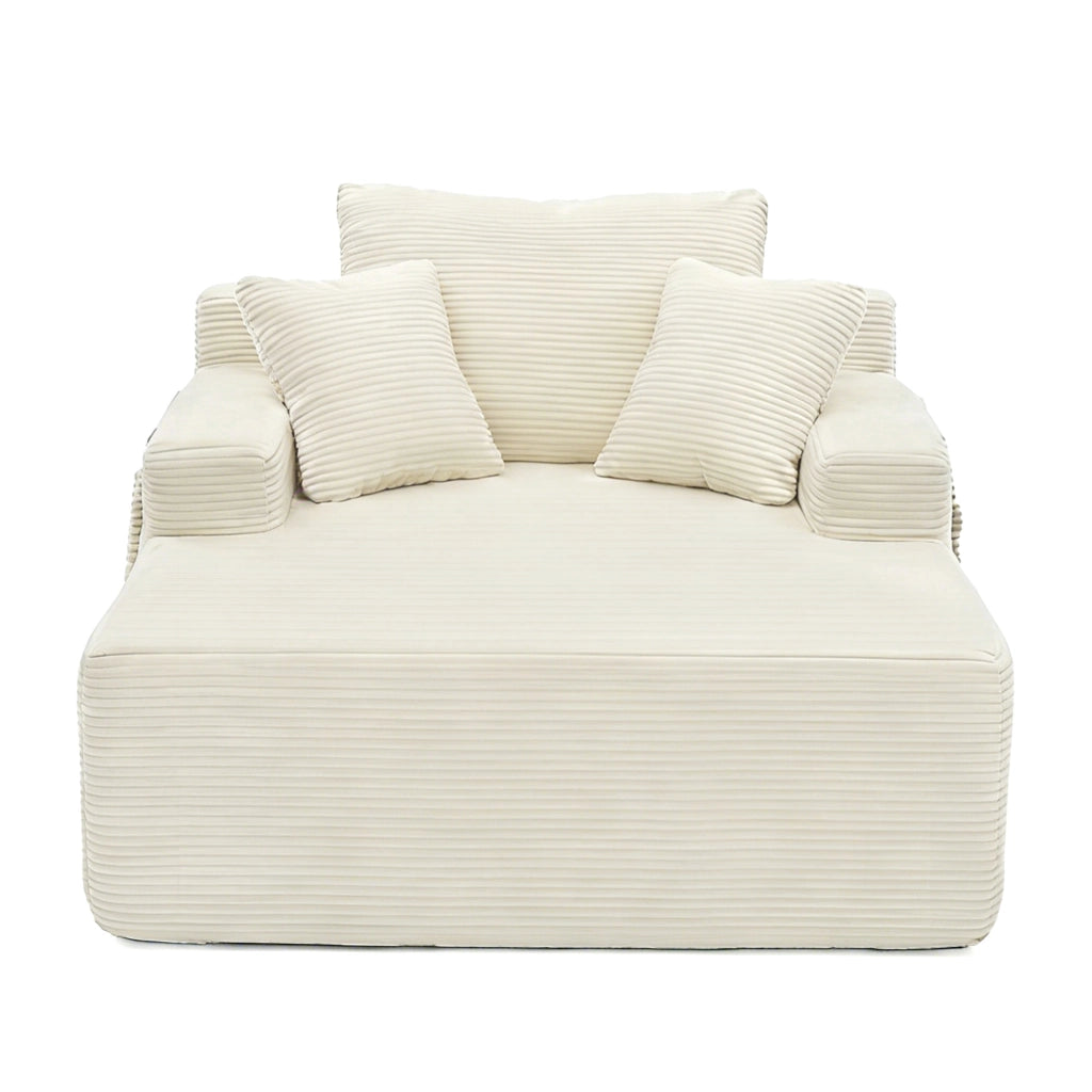Divano in corduroy beige con tasche laterali e cuscini decorativi, seduta imbottita in schiuma ad alta densità