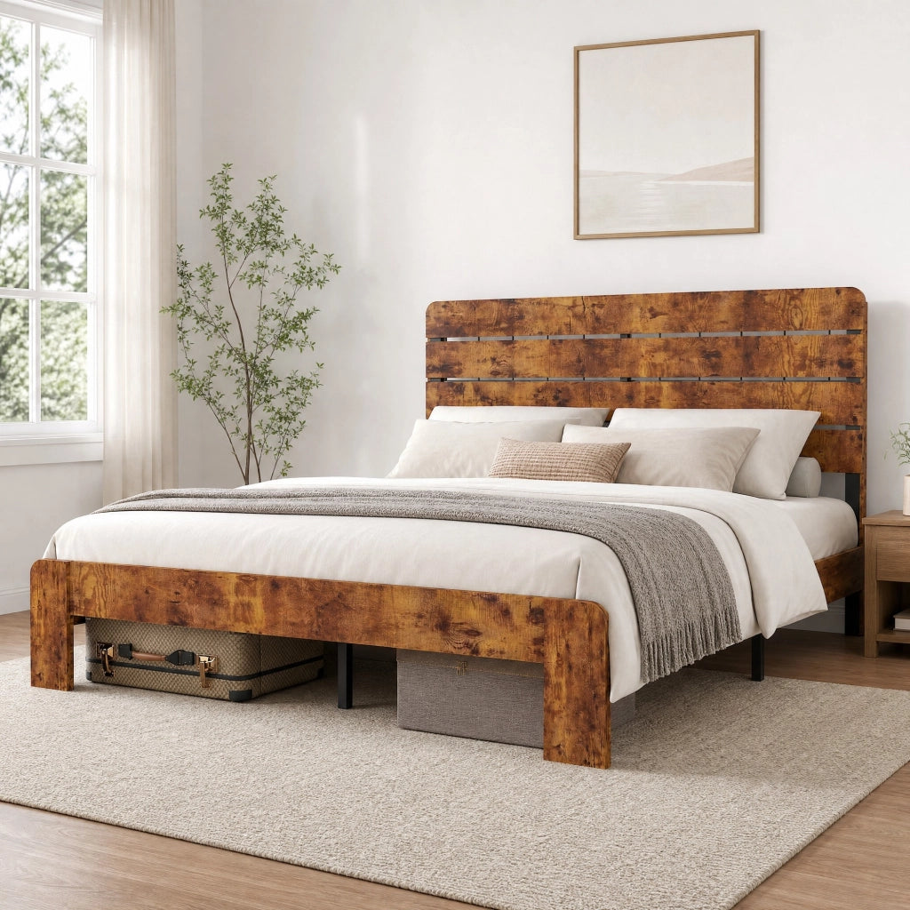 Letto 140x200 cm in MDF e metallo marrone con rete a doghe in ferro