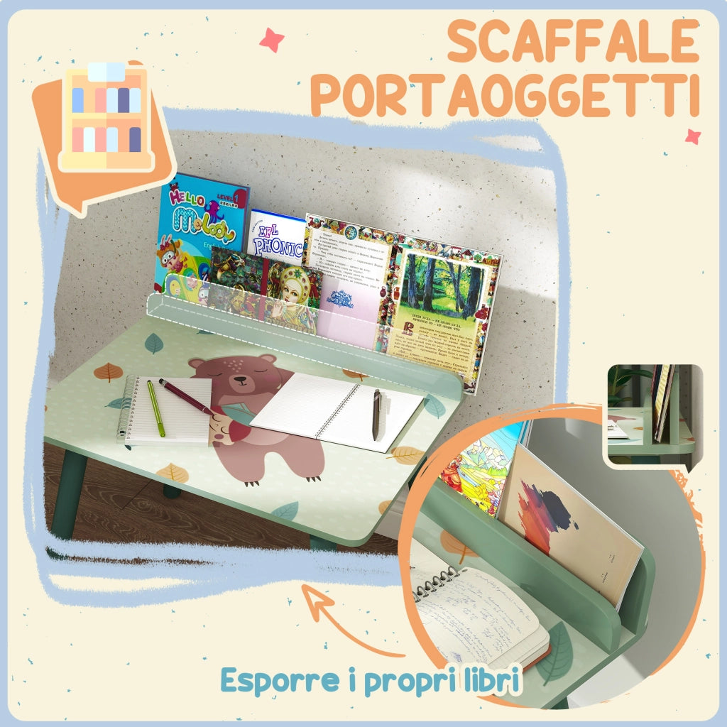 Set Sedia e Tavolino per Bambini con Ripiano Portaoggetti, in MDF e Legno di Pino, Verde
