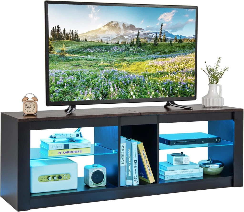 Mobile Porta TV con Luci LED, Supporto per TV fino a 65" con Ripiani di Vetro Temperato Regolabili e Telecomando, Mobile TV per Soggiorno, Studio, Camera da Letto, 140 x 35 x 47 cm