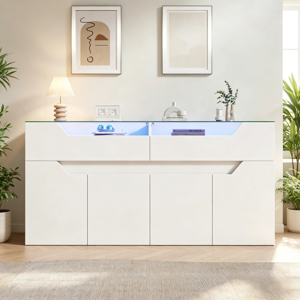 Credenza con 2 cassetti e illuminazione LED per soggiorno in MDF bianca