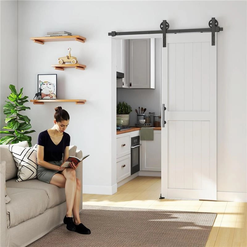 PORTA SCORREVOLE IN STILE COUNTRY CON BINARIO E MANIGLIA IN LEGNO E ACCIAIO, 71.5X213.4 CM, BIANCO E NERO