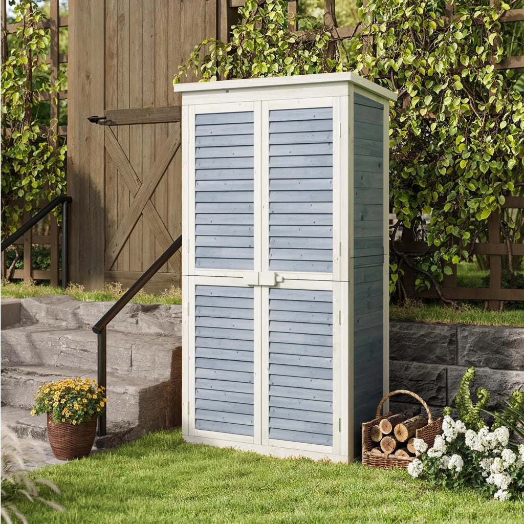 Armadio da Giardino in Legno 160 cm, Resistente agli Agenti Atmosferici con Tetto Inclinato e Dispositivo Bloccabile, Armadio per Attrezzi Esterno 47x87x160 cm Grigio (Grigio)