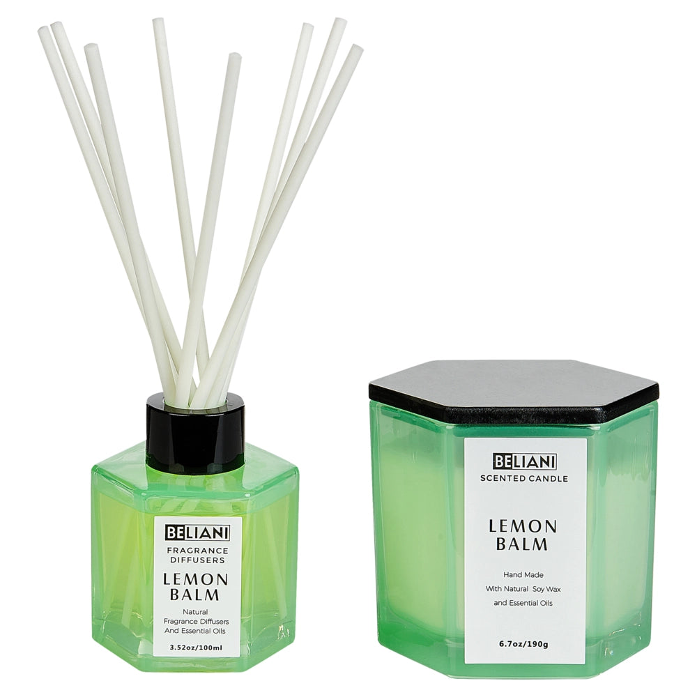 Set candela profumata in cera di soia 100% e diffusore con bastoncini, stoppino di cotone, vetro profumo fresco melissa