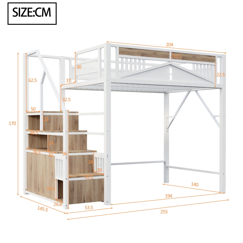 Letto a soppalco in metallo 140x200 cm con scala laterale; vano contenitore e rete finestra; bianco