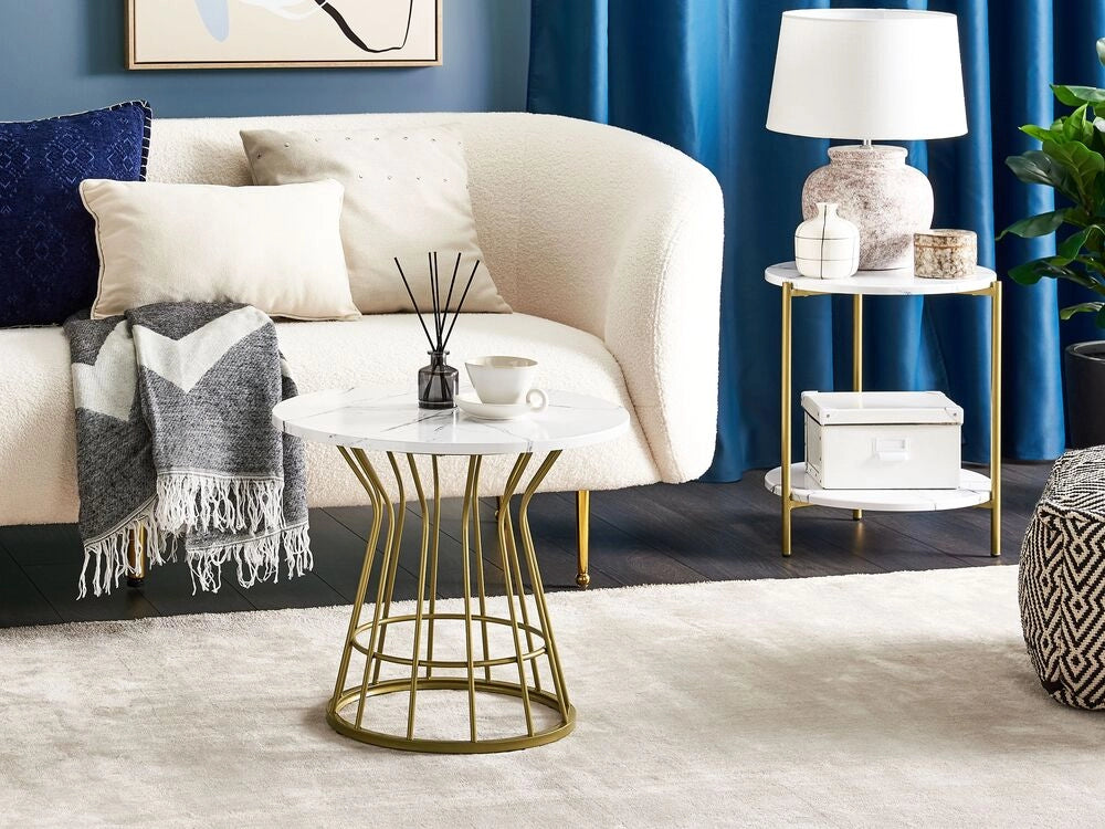 Tavolino Base in Metallo Dorato Effetto Marmo Piano Open Stile Glamour