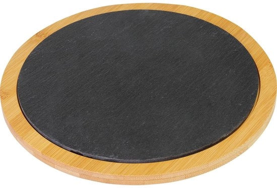 Piatto di servizio in bambù circolare con lastre pietra - stile e funzionale - 1 pezzo - marrone chiaro/antracite - bambù/lastre pietra - diametro 28 cm