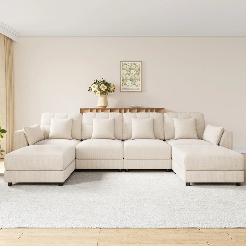 DIVANO Modulare U/L 292x135x82 cm Chenille Beige con 2 Hocker