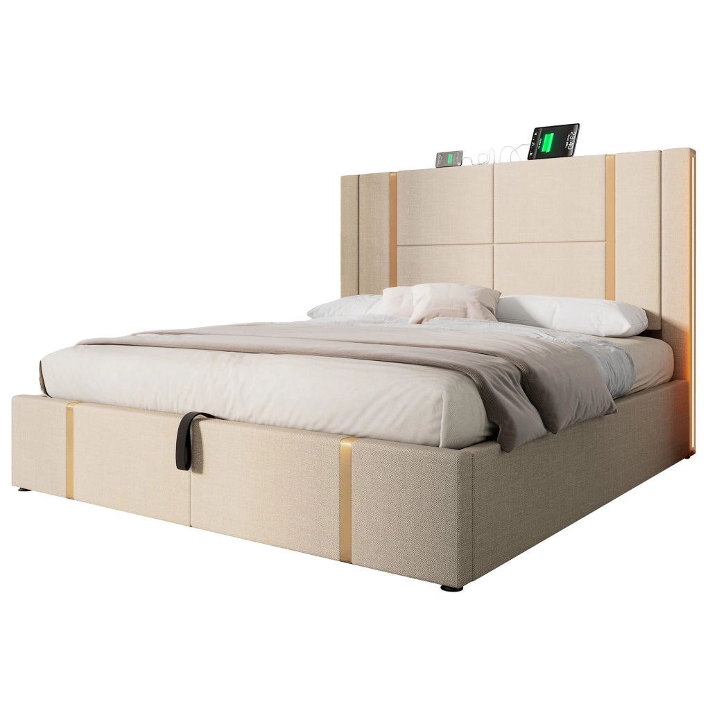 Letto matrimoniale imbottito 140x200 cm con contenitore; LED RGB; USB-C; beige in lino