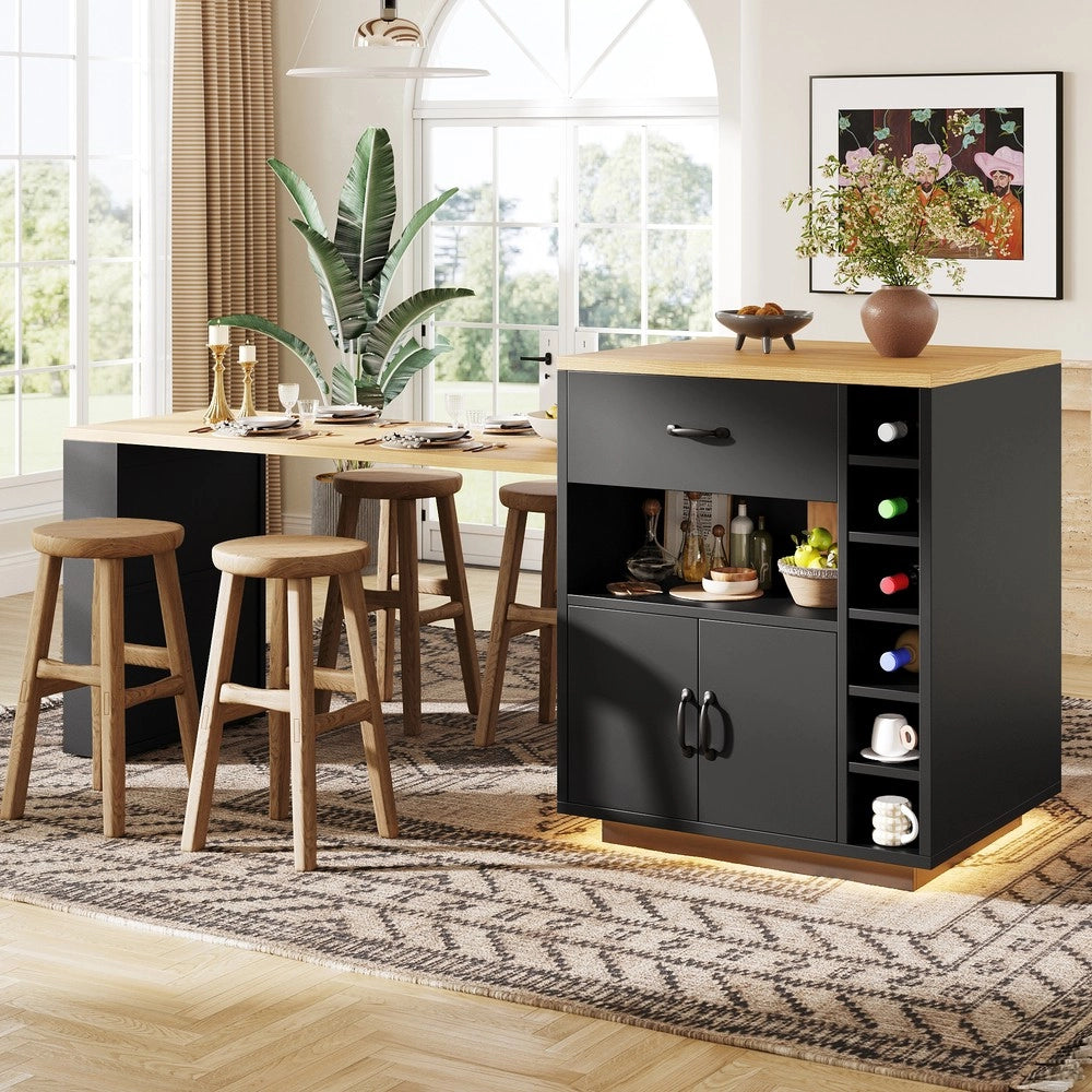 Isola Cucina con Luce LED e Tavolo Estraibile ¨C Xylo ¨C 2 Cassetti, 4 Ante, Nero/Bianco