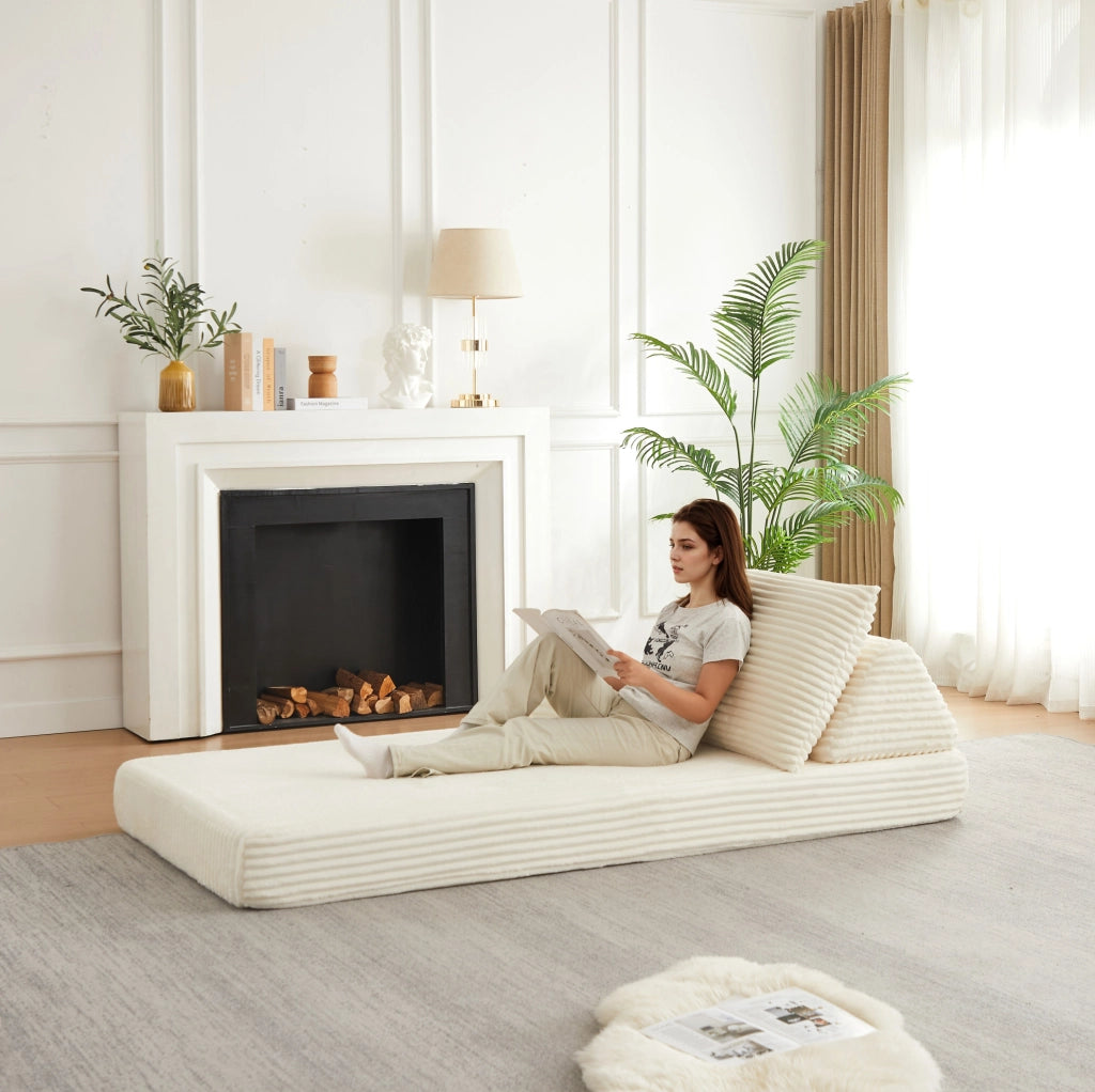 Divano modulare in velluto a coste beige con schienali mobili