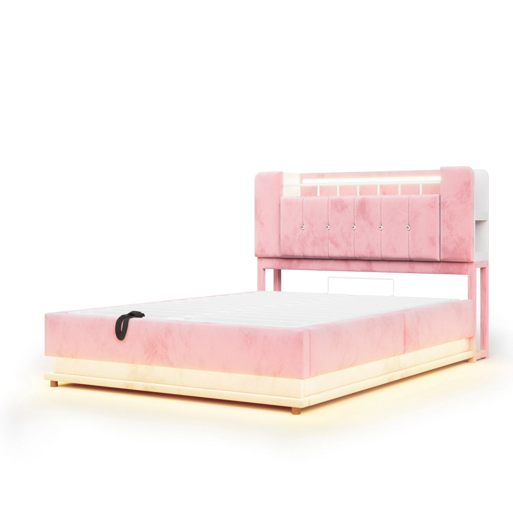 Letto imbottito 140 x 200 cm con LED; USB e contenitore idraulico in velluto rosa