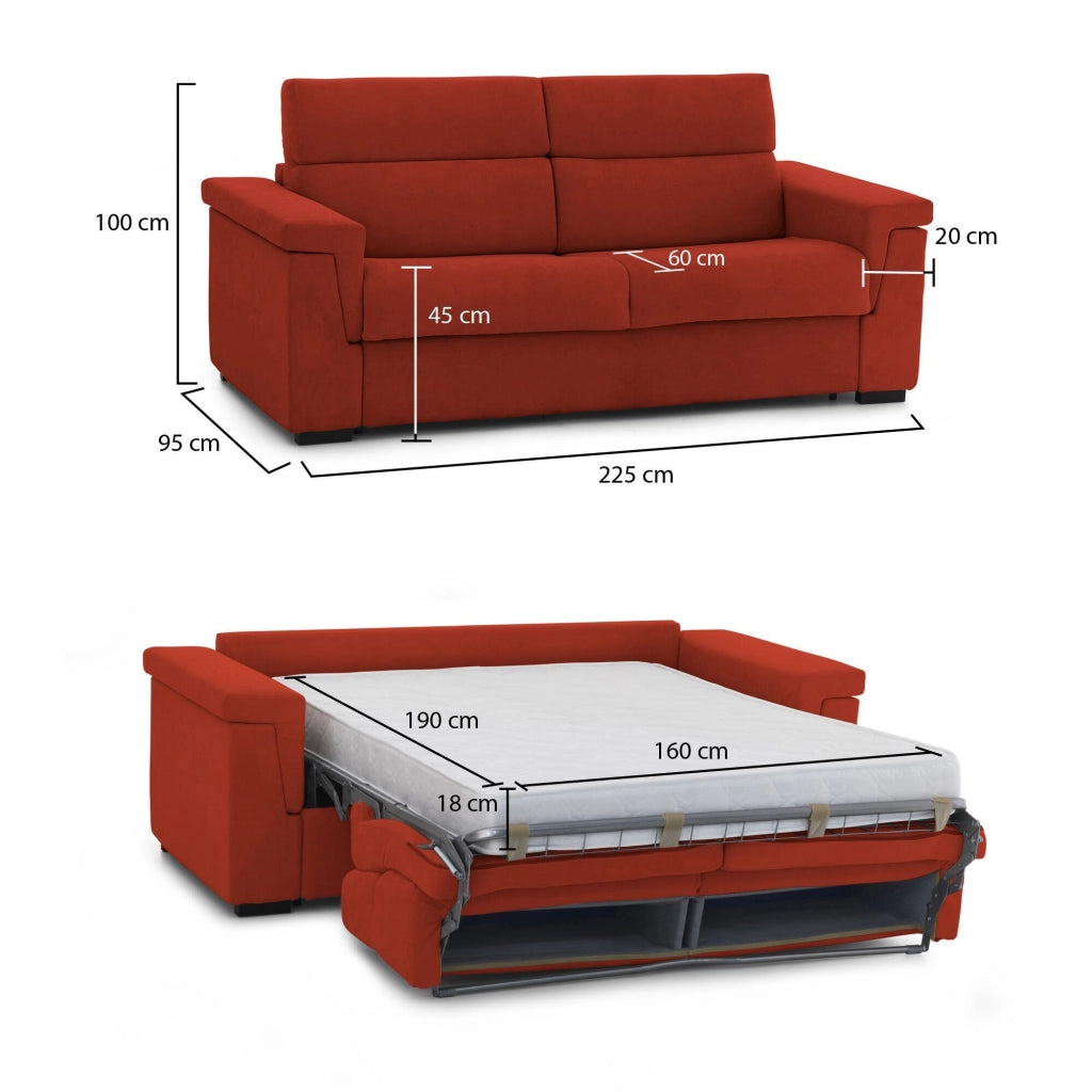 Benedetto, Divano Letto 3 Posti Sfoderabile Made in Italy, 225x95 cm Arancione