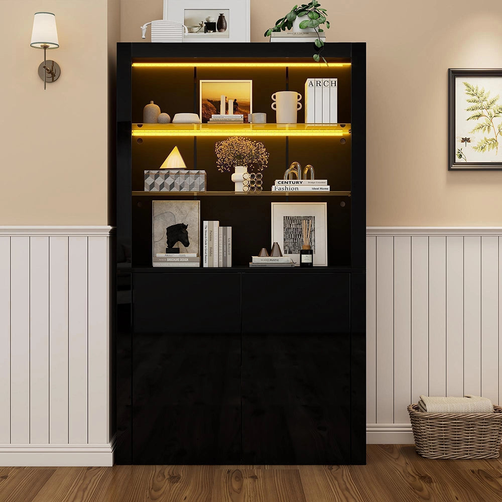 Credenza Vetrina 100x35x170cm - Xylo - Luci LED e Ripiani in Vetro, Colore Nero