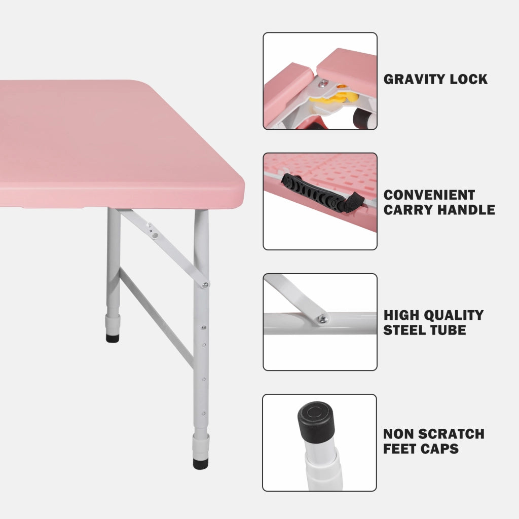 Tavolo pieghevole regolabile in altezza in plastica e ferro rosa per uso interno ed esterno 125 × 61 × 58-74 cm