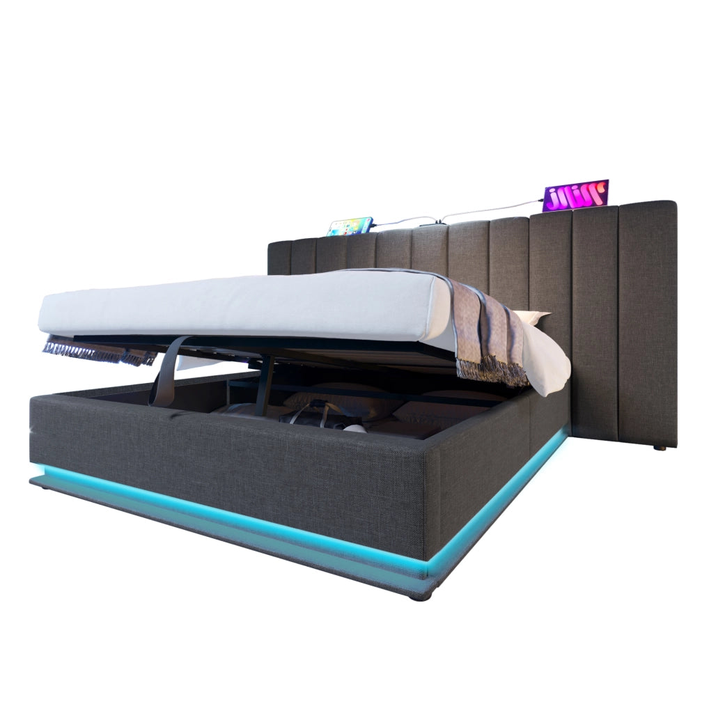 Letto contenitore 180 × 200 cm in lino grigio con LED; USB e Type-C