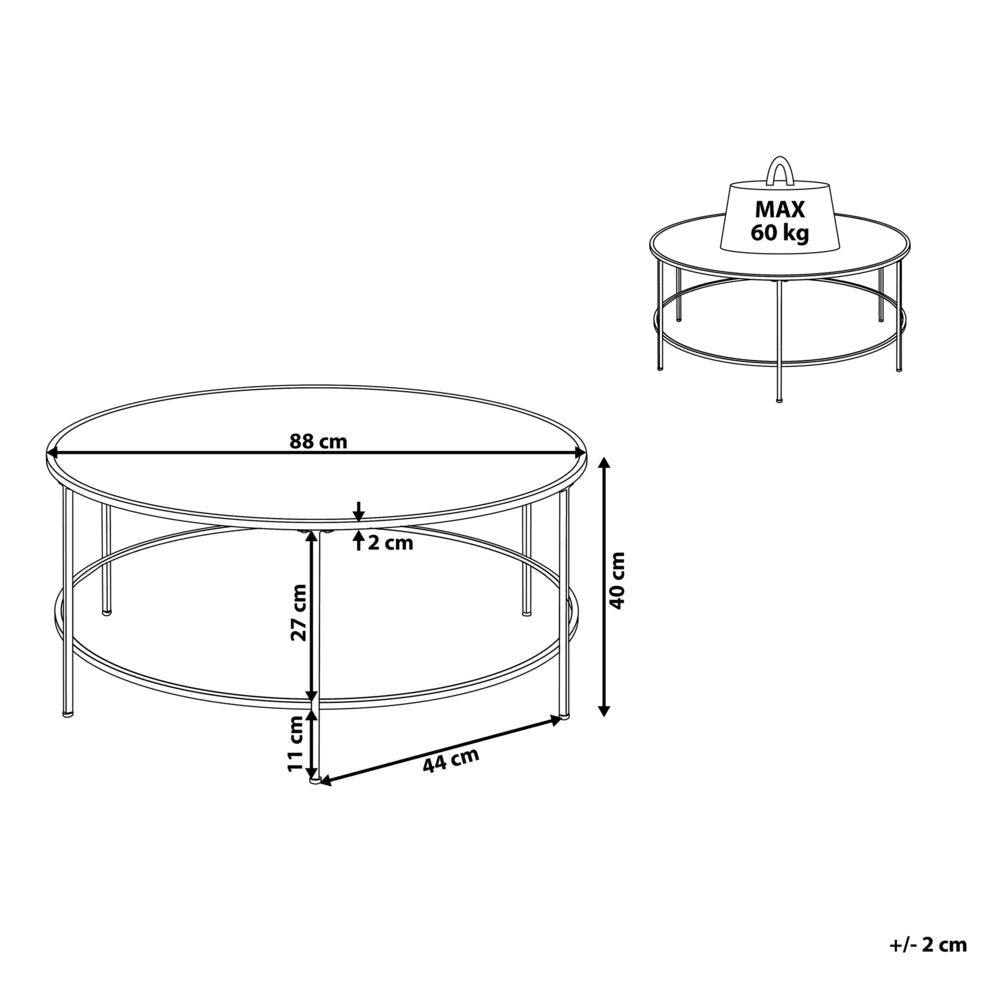 Tavolino da Caffè Piano in Vetro Nero Struttura in Metallo dorato Rotondo 88 cm Glam