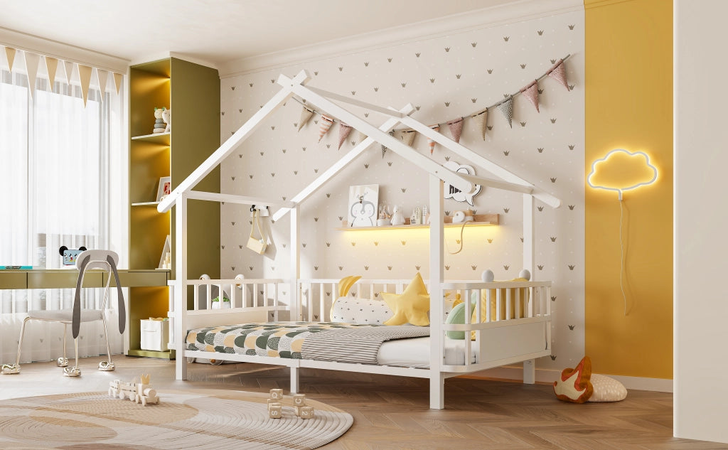 Letto per bambini 90 × 200 cm con barriera di sicurezza, struttura a casetta, sans materasso, en metallo, bianco