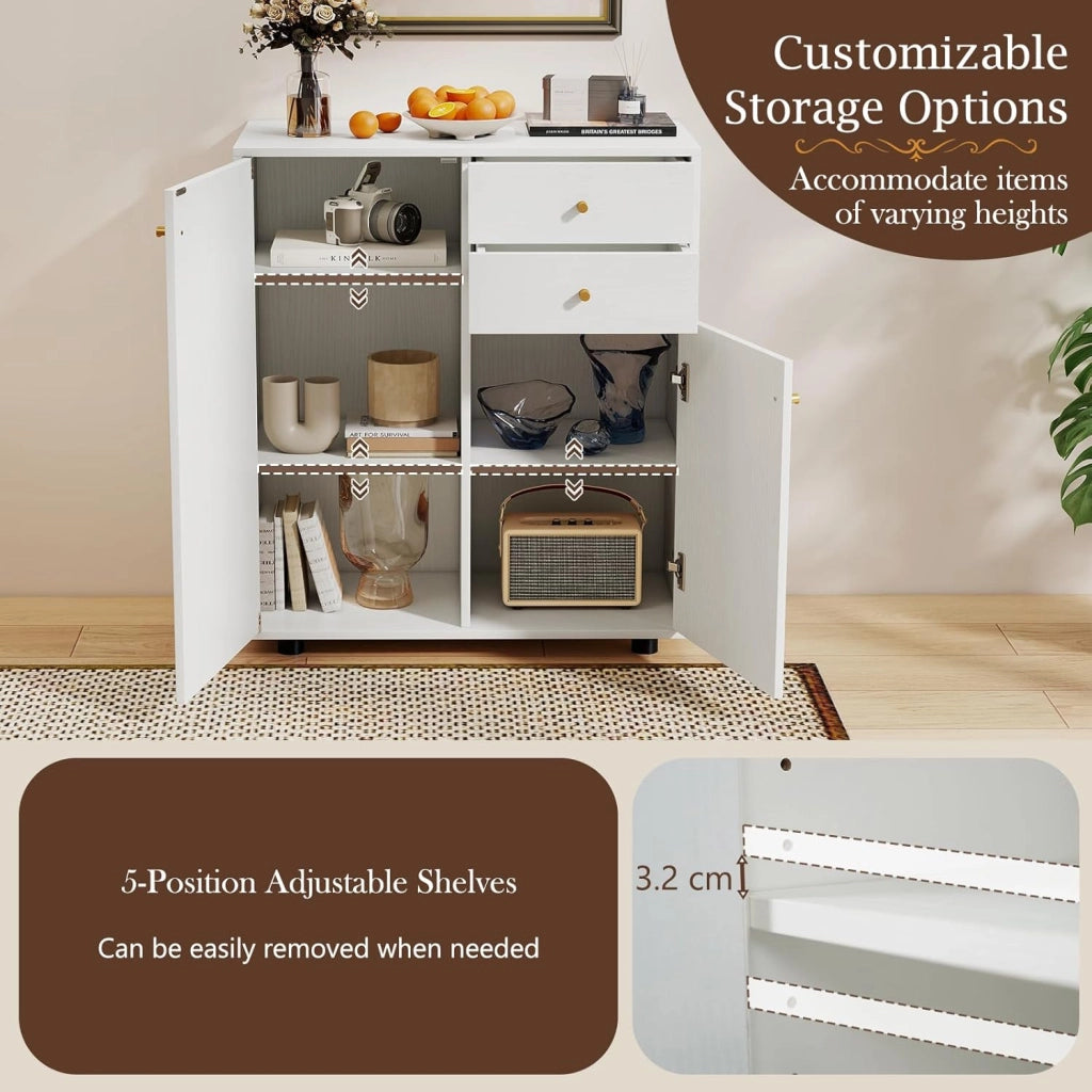 Armadietto da Cucina in Legno con 2 Cassetti e 3 Ripiani Regolabili, Credenza Sala da Pranzo e Soggiorno, 74 x 35 x 85,5 cm