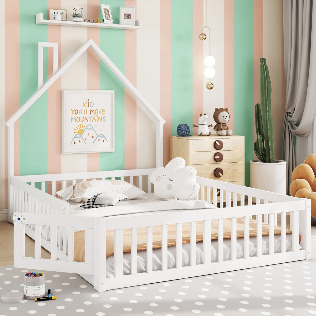 LETTO per bambini a forma di camino 140 x 190 cm in pino e MDF bianco