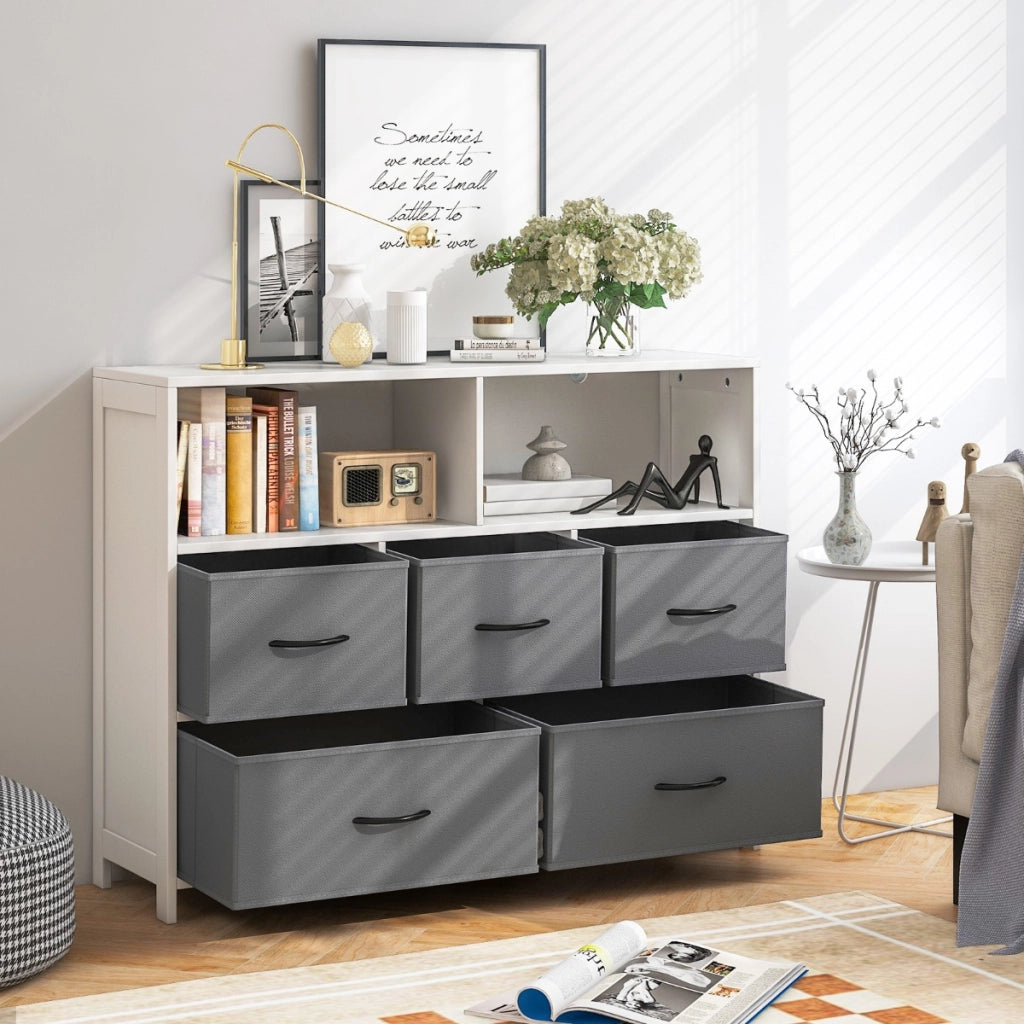 Com¨° con 2 grandi ceste in tessuto e 3 ceste medie, Organizzatore per la casa con cassetti in tessuto pieghevole Bianco-Credenze buffet
