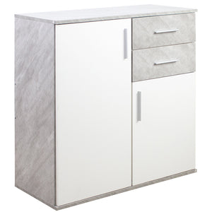 Cassettiera Mobile Armadietto 2 Porte 2 Cassetti Design Moderno Cemento e Bianco