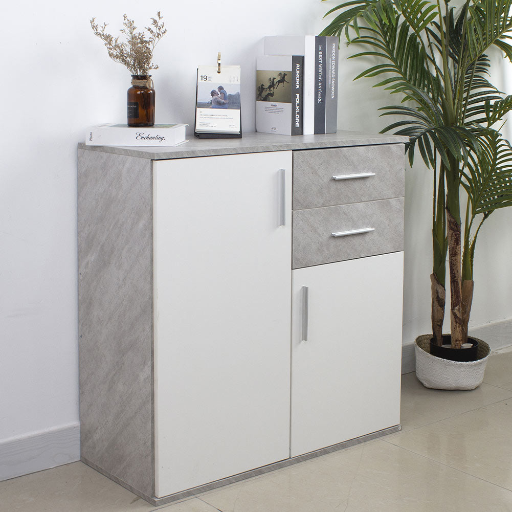 Cassettiera Mobile Armadietto 2 Porte 2 Cassetti Design Moderno Cemento e Bianco