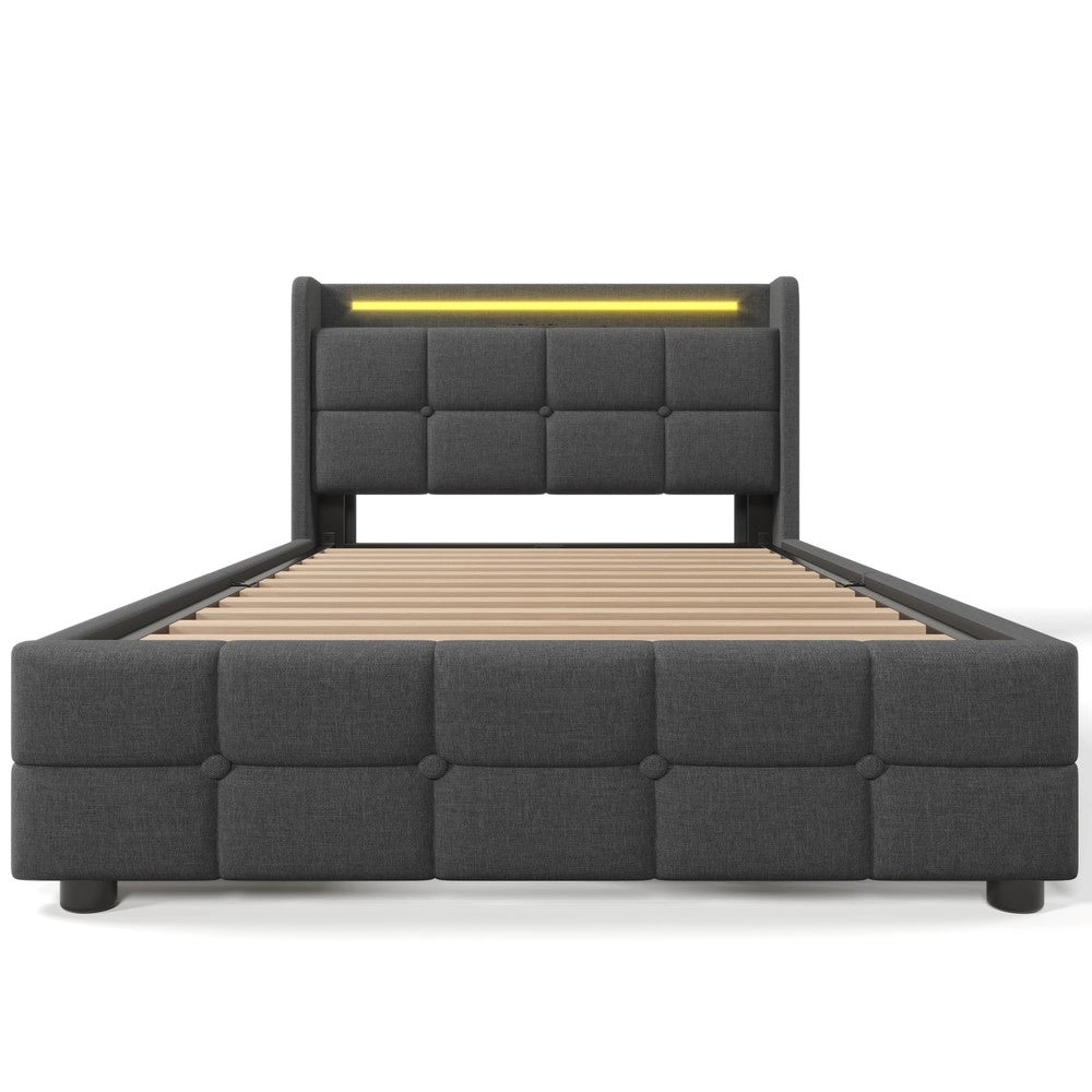 Letto Imbottito Singolo con LED, USB e Cassetti ¨C MINIMAL ¨C 90x200, Grigio, Rete a Doghe