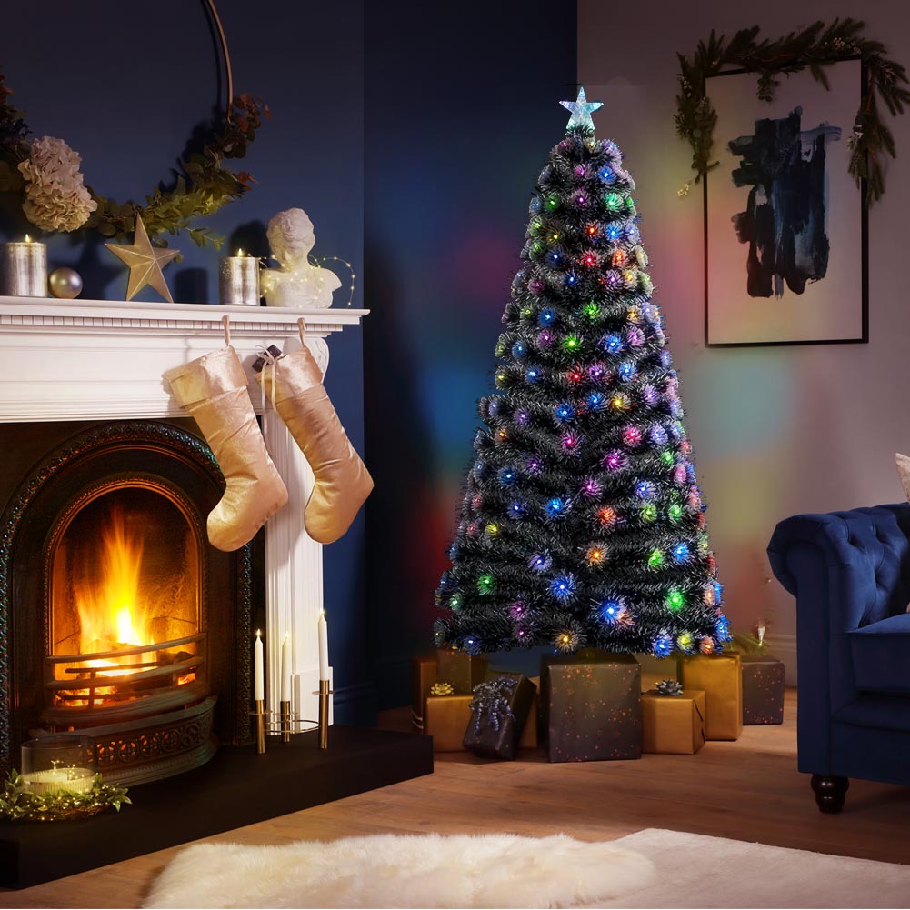 Albero di natale Luminoso 180cm con Luci LED Fibra Ottica Multicolor Innevato