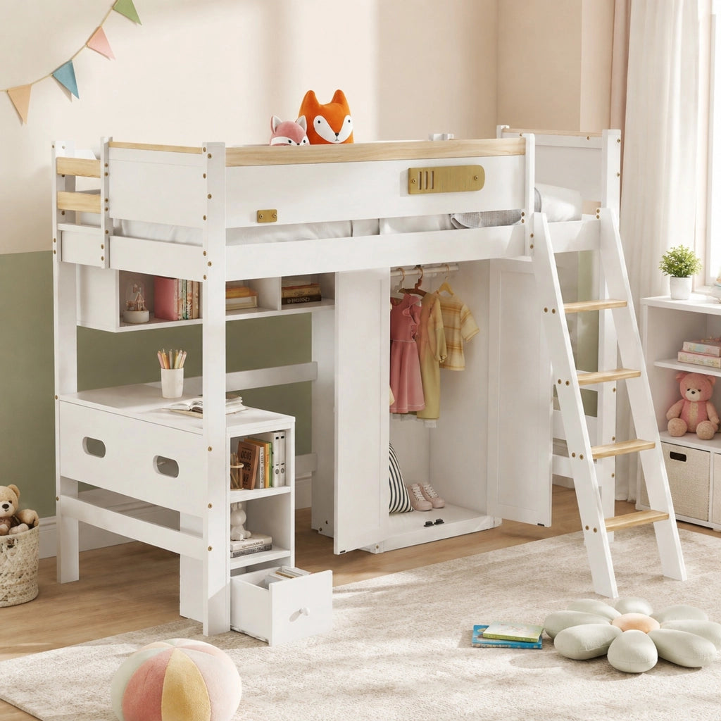 Letto a castello per bambini 90x200 cm con scrivania; armadio e ripiani; bianco e naturale
