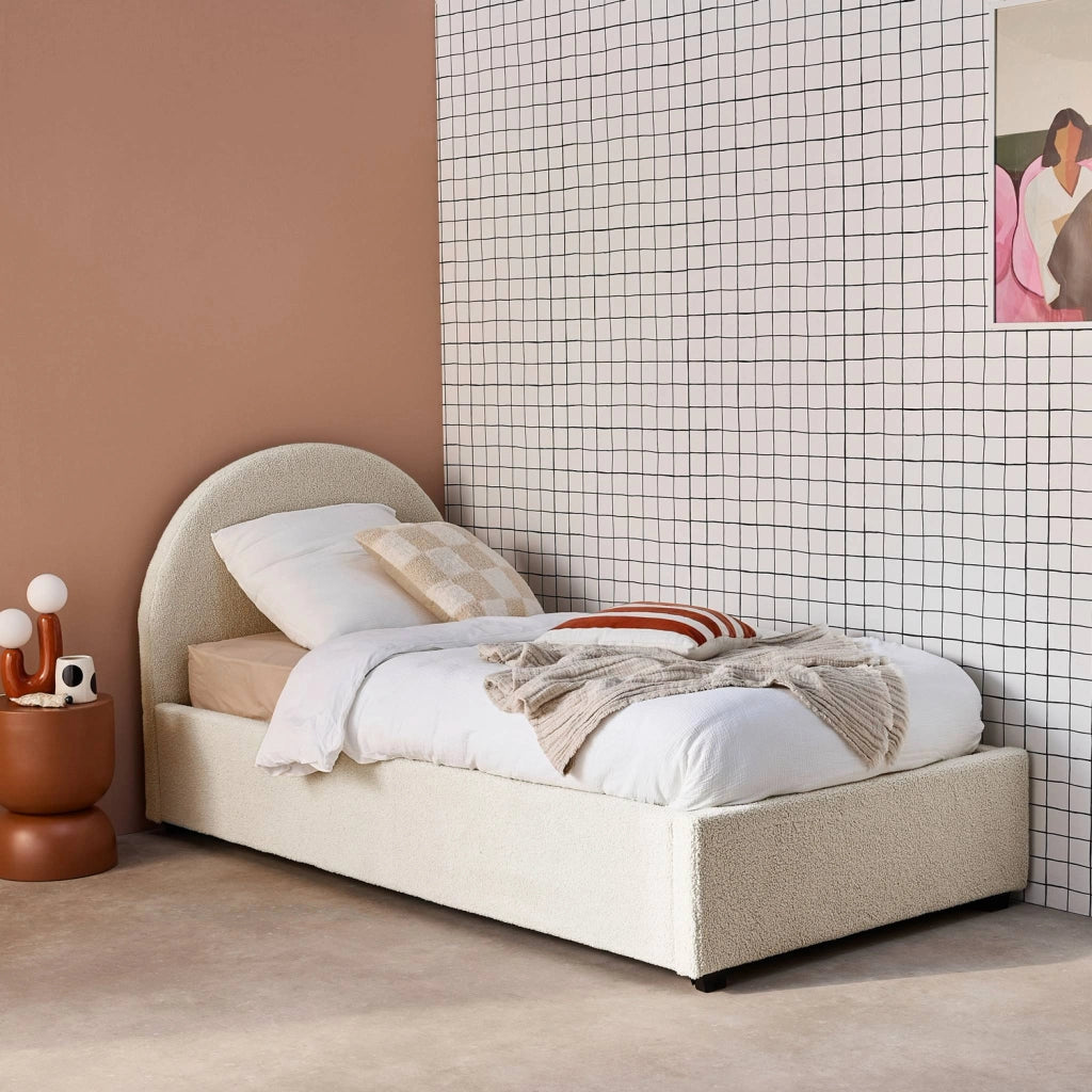 Struttura letto con contenitore e testiera 90x190cm, imbottita bouclé,