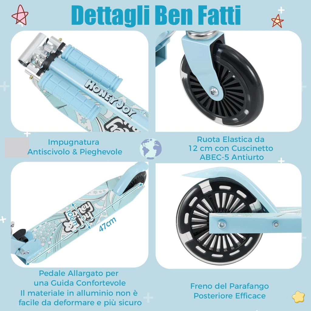Monopattino Bambini, Monopattino Bambino e Bambina +3 Anni Pieghevole con 2 Ruote Lampeggianti, Manubrio Regolabile e Freno (Azzurro)
