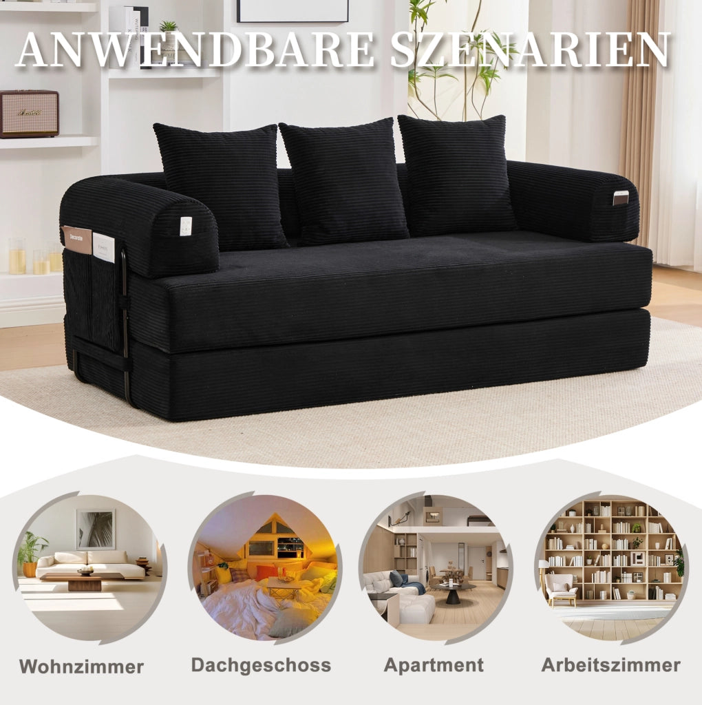 DIVANO modulare 200x94x67 cm in velluto a coste nero con 3 cuscini