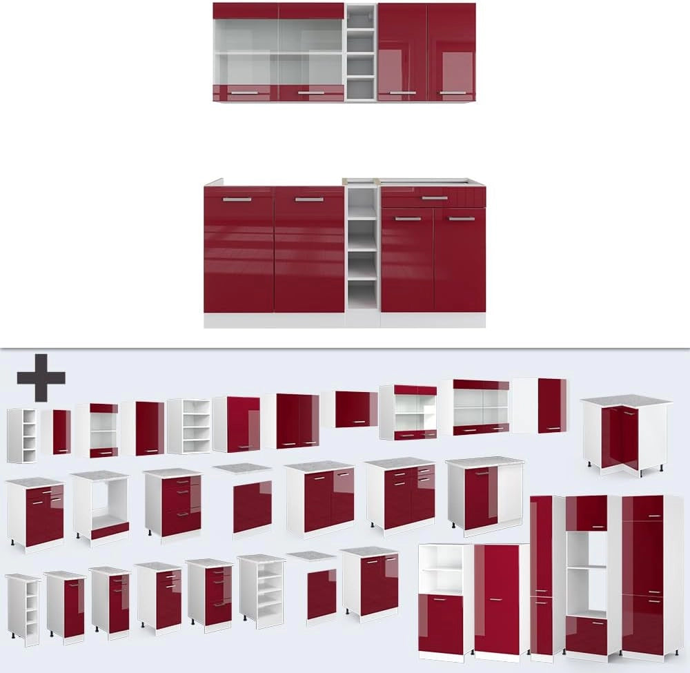 Cucina completa R-Line, Rosso lucido/bianco, 160 cm, PL Rovere, con disposizione flessibile dei moduli ed espandibile