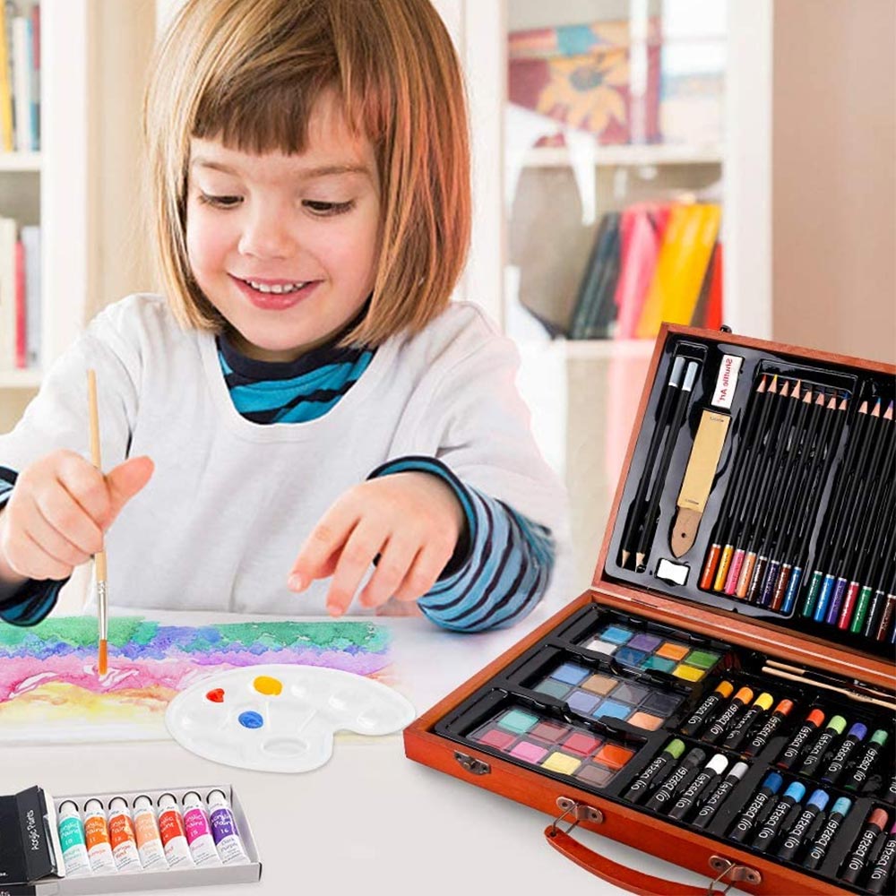 Valigetta Legno Pittore 78pz Colori Pittura Pastelli Acquerelli Professionale