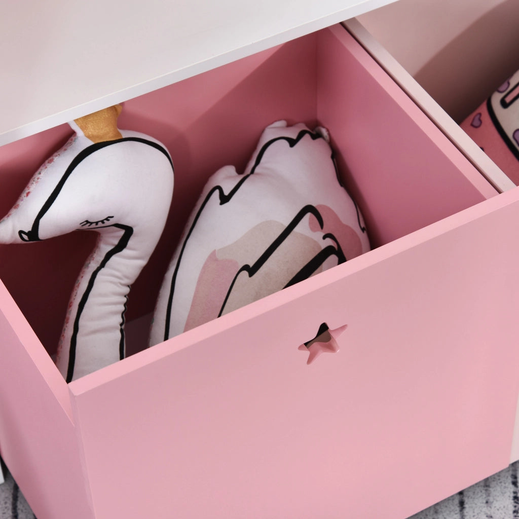 Libreria bambini con 4 ripiani, 1 porta e 2 cassetti ¨C zephmum ¨C rosa e bianco 80x34x130 cm