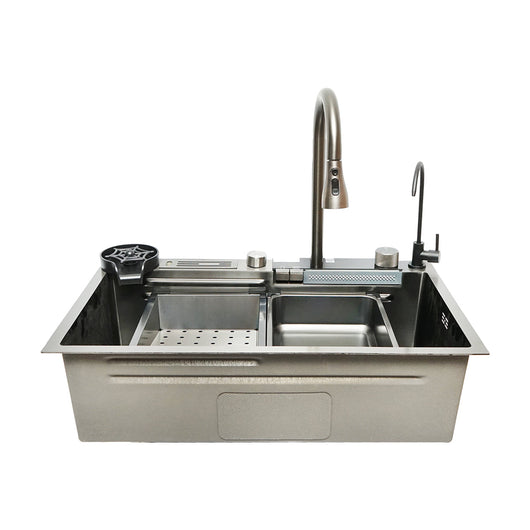 Lavello da cucina multifunzionale in acciaio inox con due rubinetti, display digitale della temperatura, funzione cascata, lavapentole, scolapiatti, vassoio, tagliere e accessori di scarico inclusi, dimensioni 75×46×23,5 cm.