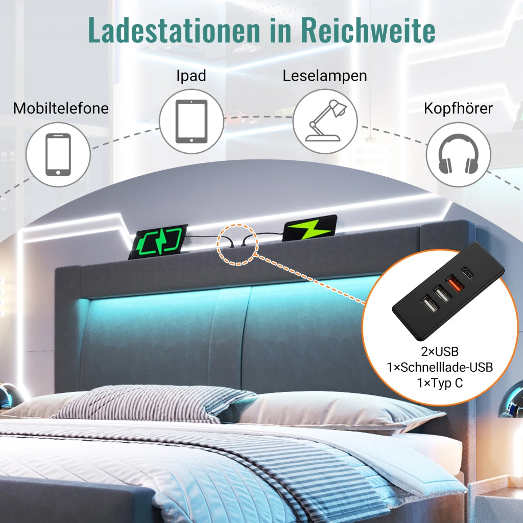 Letto contenitore matrimoniale 140 × 200 cm con LED regolabile, USB, Type-C e materasso, velluto grigio