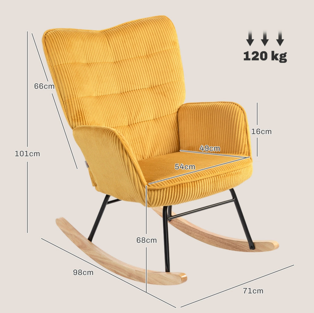 Poltrona a dondolo 98x71x101 cm con schienale trapuntato in velluto a coste; acciaio giallo