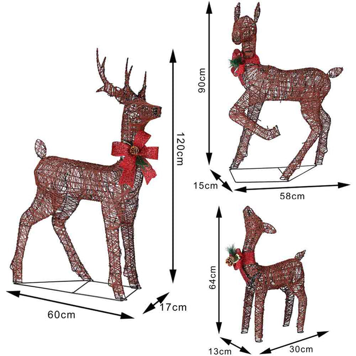 Famiglia 3 Renne Luminose di Natale 600 LED Bianco Caldo Intreccio Corda Esterno