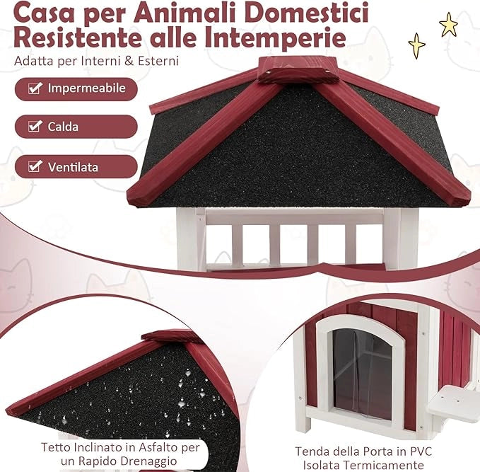 Casetta per Gatti in Legno, Casetta per Gattii a 2 Livelli con Tetto in Asfalto, 2 Piattaforme per Saltare, per Esterno e Interno, 58 x 50 x 87 cm