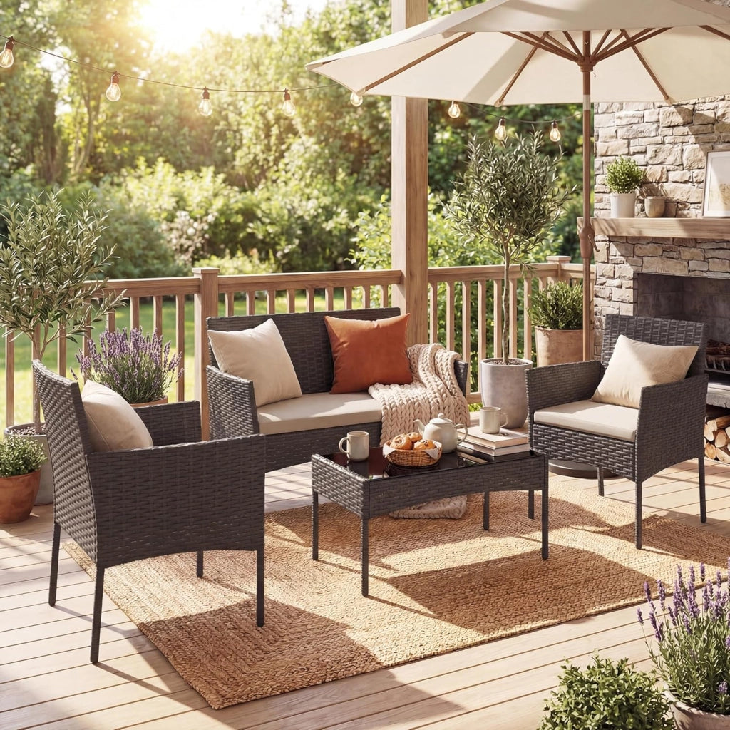 Salotto da Giardino Esterno 4 Pezzi, Set da Esterno in Rattan con Tavolino con Piano in Vetro, Divano 2 Posti e 2 Poltrone, Set da Conversazione con Cuscini per Patio, Balcone e Terrazzo (Tortora)