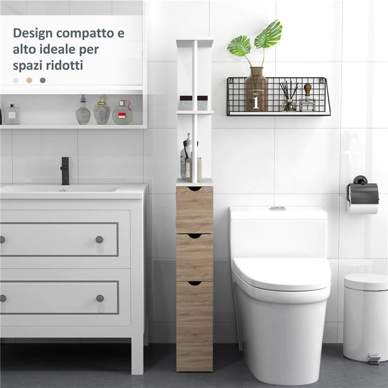 MOBILE COLONNA BAGNO SALVASPAZIO CON ARMADIETTO RIPIANI E CASSETTI 15X33X136 CM COLORE LEGNO