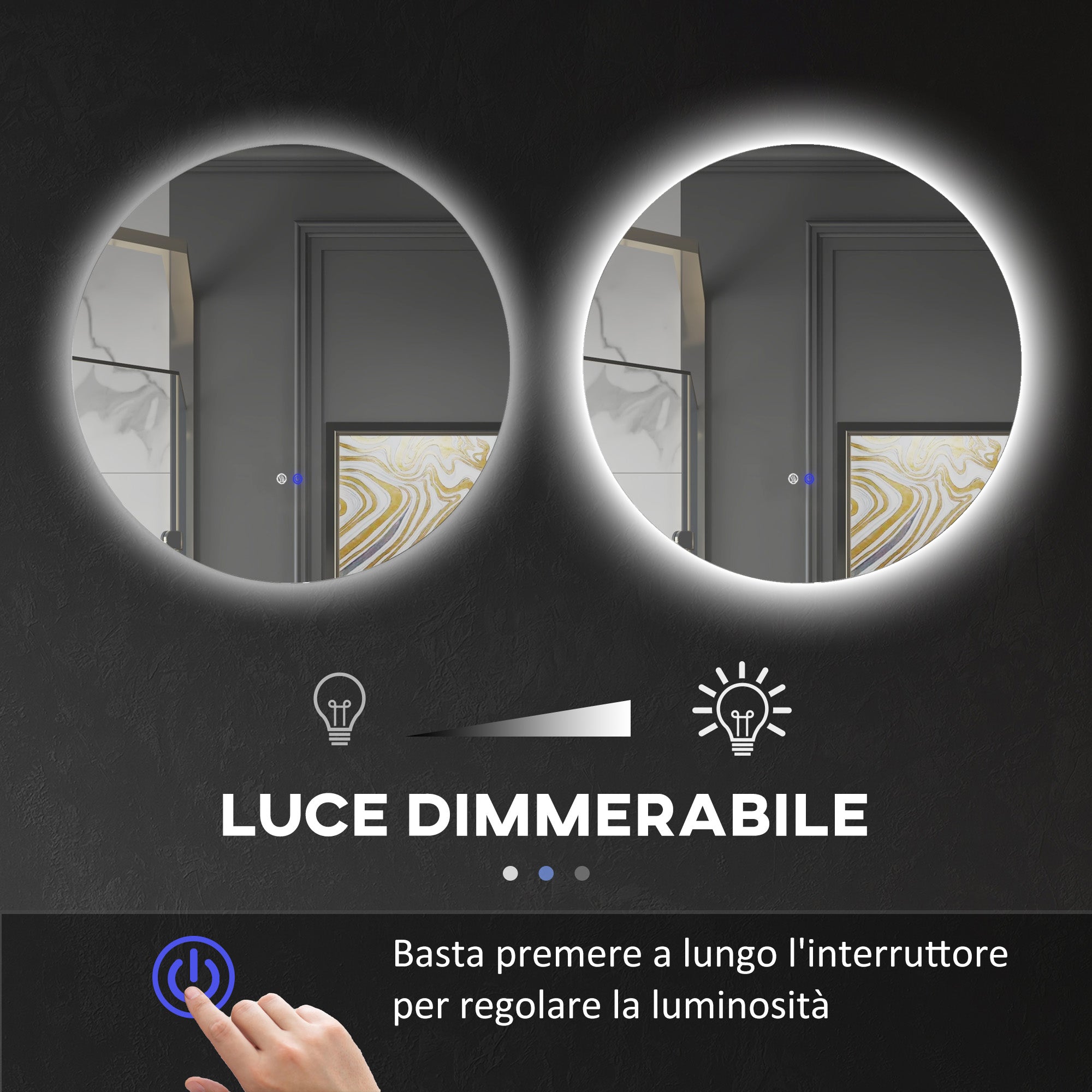 Specchio Bagno Rotondo Ø70 cm con Luci LED  3 Tonalità Interruttori Touch e Design Antiappannamento