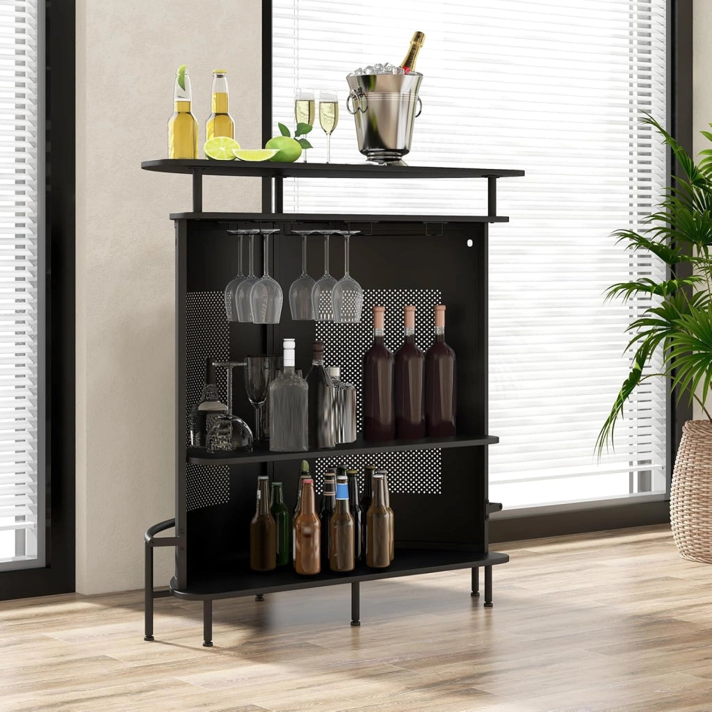 Tavolo da bar con 1 ripiano rialzato e 3 portabicchieri, tavolo da vino a 4 livelli, tavolo per bere, cucina, poggiapiedi in stile industriale, nero, 110,5 x 48 x 112,5 cm (semi-circolare)