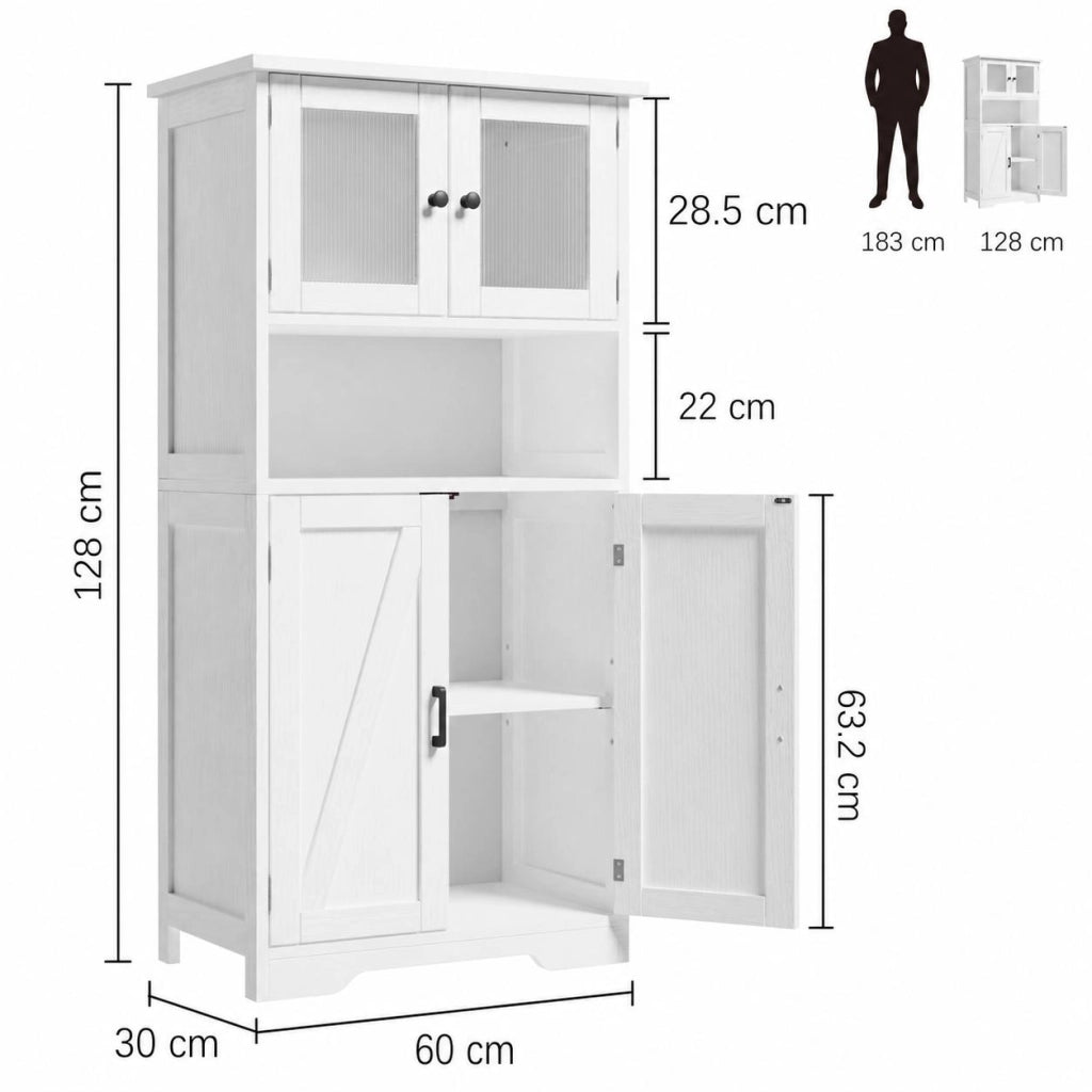 Armadio Multiuso con Ante in Vetro e Ripiani Regolabili, Bianco, 60x30x128cm