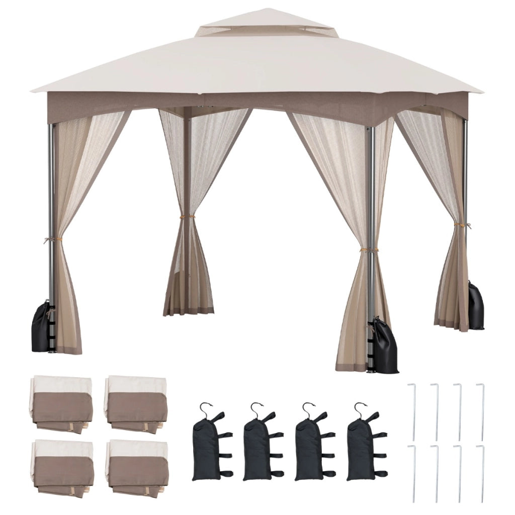 Tetto morbido a doppio strato con 4 sacchi di sabbia con cerniera, Gazebo da patio 3x3 M con pareti in rete Sabbia-Gazebo